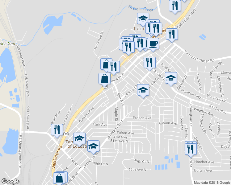 map of restaurants, bars, coffee shops, grocery stores, and more near 1200 Jackson Boulevard in Birmingham