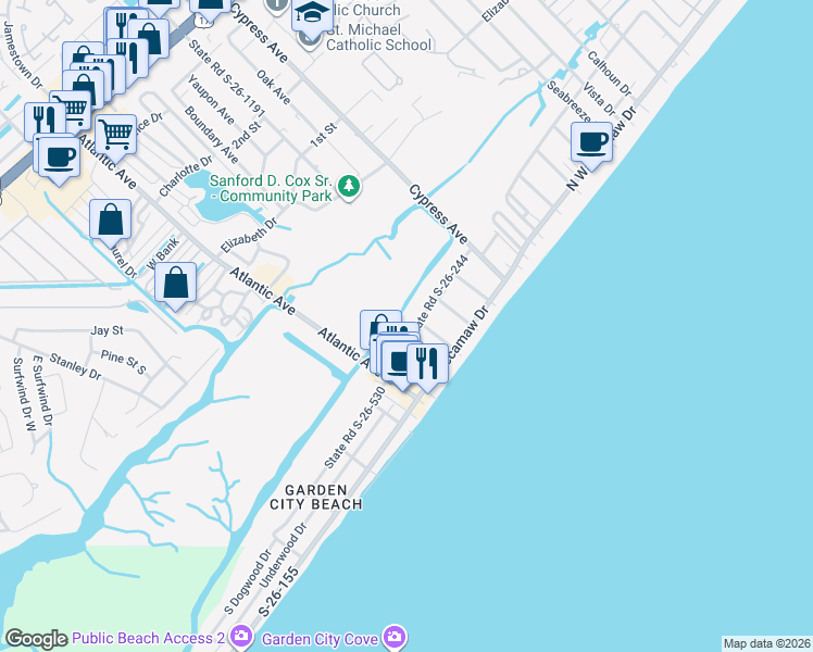 map of restaurants, bars, coffee shops, grocery stores, and more near 217 Dogwood Drive North in Murrells Inlet
