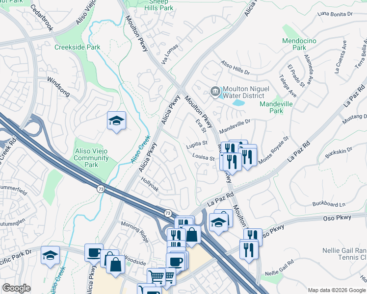 map of restaurants, bars, coffee shops, grocery stores, and more near 24256 Louisa Street in Laguna Hills