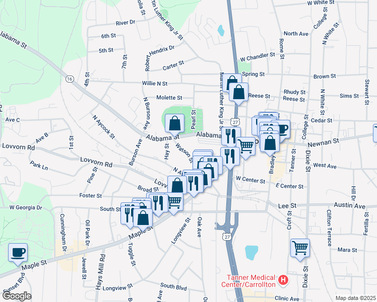 map of restaurants, bars, coffee shops, grocery stores, and more near 136 Watson Street in Carrollton