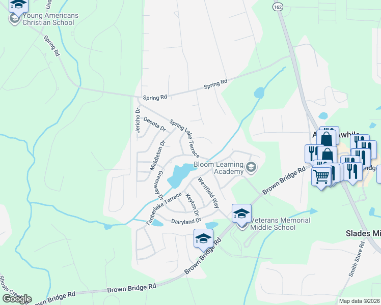 map of restaurants, bars, coffee shops, grocery stores, and more near 275 Spring Lake Terrace in Covington
