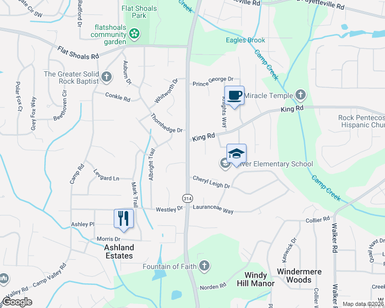 map of restaurants, bars, coffee shops, grocery stores, and more near 6464 West Fayetteville Road in Riverdale