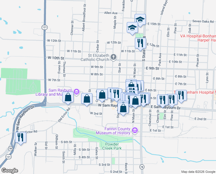 map of restaurants, bars, coffee shops, grocery stores, and more near 403 West 6th Street in Bonham