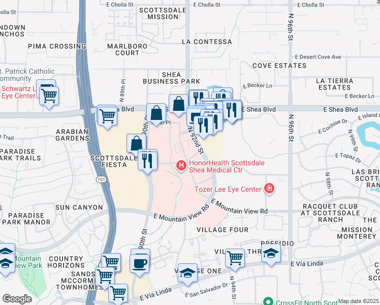 map of restaurants, bars, coffee shops, grocery stores, and more near E Cochise Dr in Scottsdale