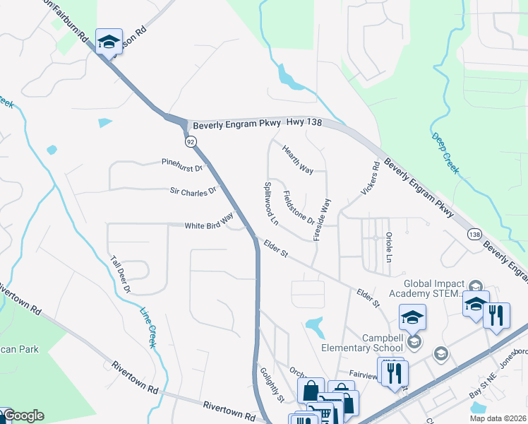 map of restaurants, bars, coffee shops, grocery stores, and more near 215 Splitwood Lane in Fairburn