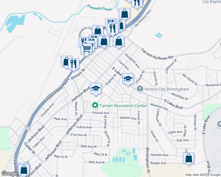 map of restaurants, bars, coffee shops, grocery stores, and more near 1325 Sloan Avenue in Birmingham