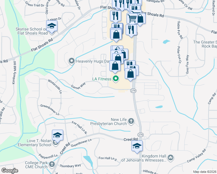 map of restaurants, bars, coffee shops, grocery stores, and more near Woodward Road in Atlanta