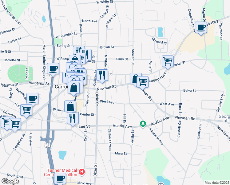 map of restaurants, bars, coffee shops, grocery stores, and more near 529 Newnan Street in Carrollton