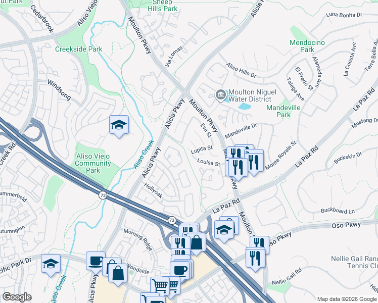 map of restaurants, bars, coffee shops, grocery stores, and more near 24256 Louisa Street in Laguna Hills