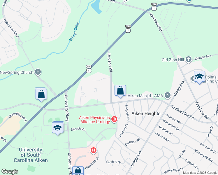 map of restaurants, bars, coffee shops, grocery stores, and more near 219 Hudson Road in Aiken