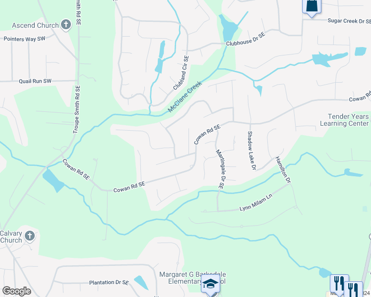map of restaurants, bars, coffee shops, grocery stores, and more near 4121 Sweet Water Court Southeast in Conyers