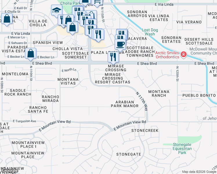 map of restaurants, bars, coffee shops, grocery stores, and more near 11571 Mirage Crossing Condominiums in Scottsdale
