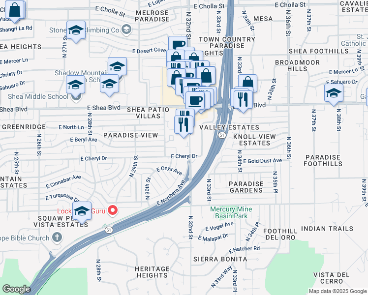 map of restaurants, bars, coffee shops, grocery stores, and more near 10210 North 32nd Street in Phoenix
