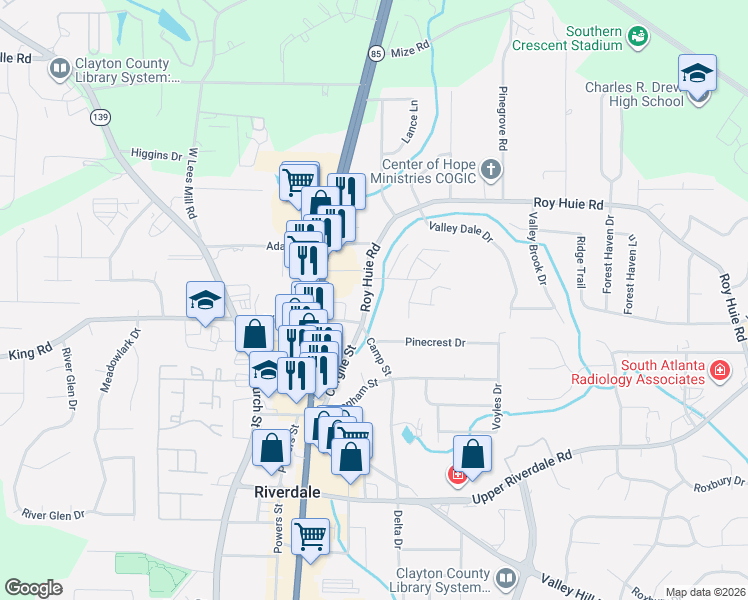 map of restaurants, bars, coffee shops, grocery stores, and more near 672 Roy Huie Road in Riverdale