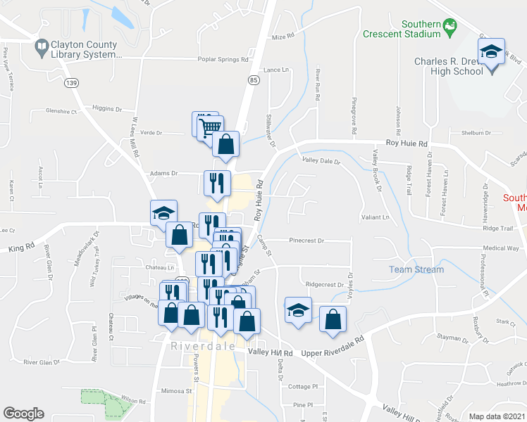 map of restaurants, bars, coffee shops, grocery stores, and more near 654 Roy Huie Road in Riverdale