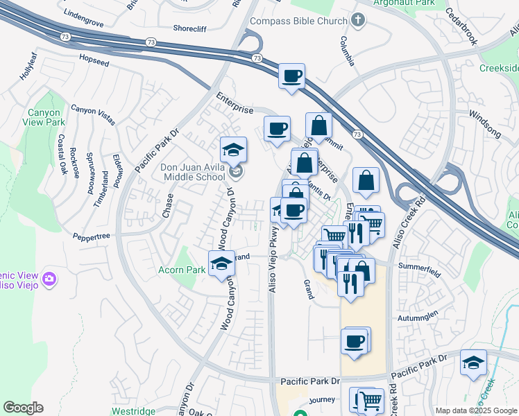 map of restaurants, bars, coffee shops, grocery stores, and more near 2 Burlingame Lane in Aliso Viejo