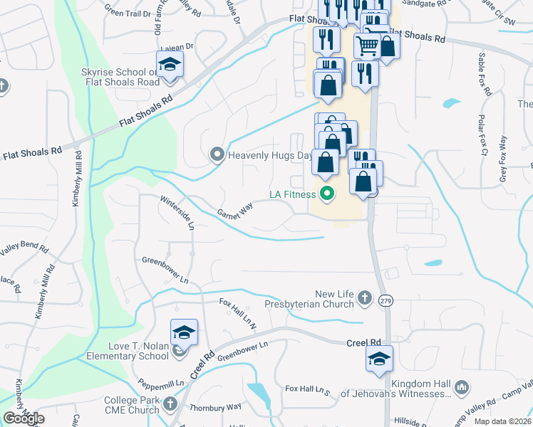 map of restaurants, bars, coffee shops, grocery stores, and more near 2715 Woodward Road in College Park