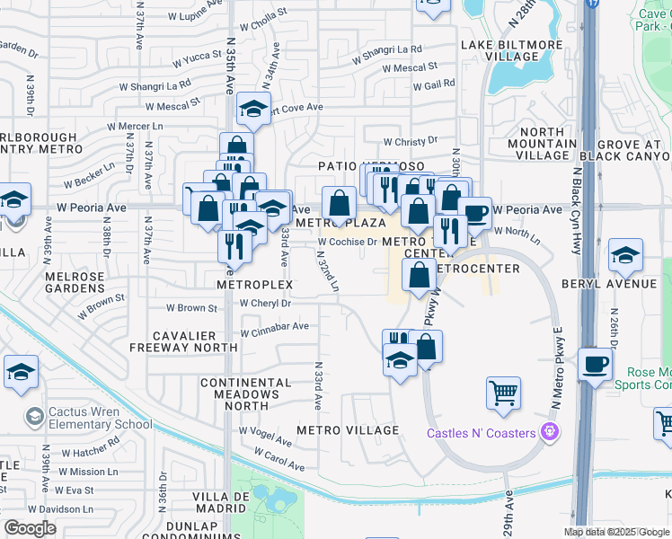 map of restaurants, bars, coffee shops, grocery stores, and more near 10202 North 32nd Lane in Phoenix