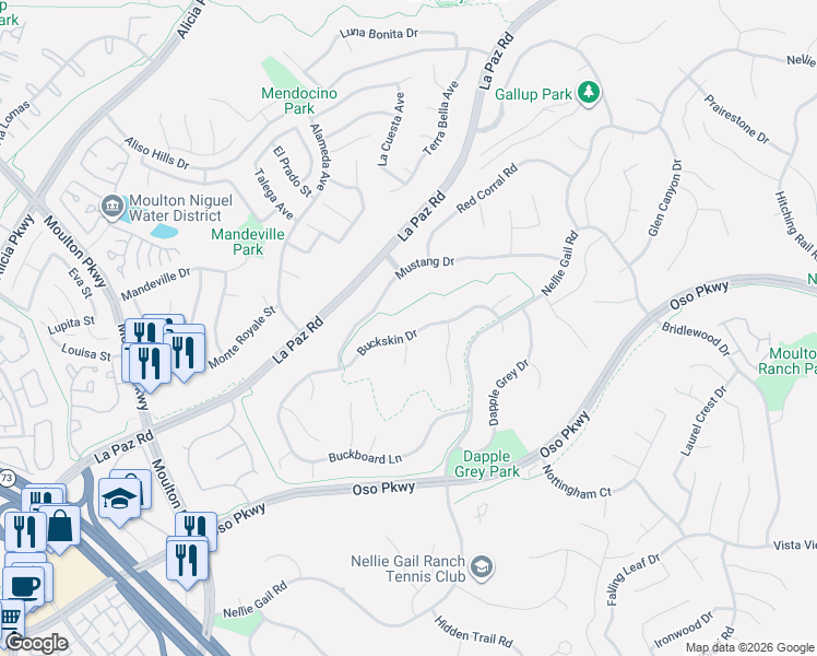 map of restaurants, bars, coffee shops, grocery stores, and more near 25122 Buckskin Drive in Laguna Hills