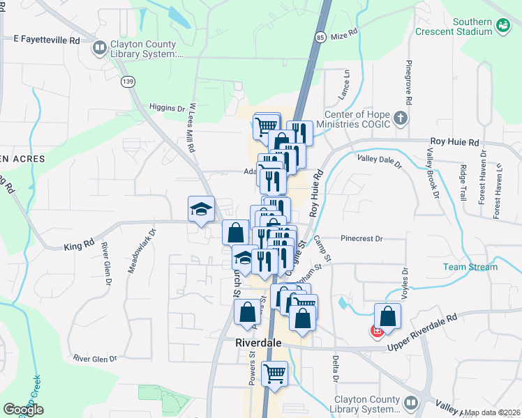 map of restaurants, bars, coffee shops, grocery stores, and more near 709 King Road in Riverdale
