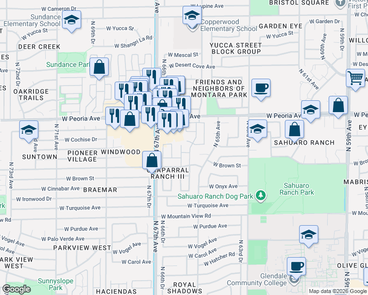 map of restaurants, bars, coffee shops, grocery stores, and more near 10224 North 65th Lane in Glendale