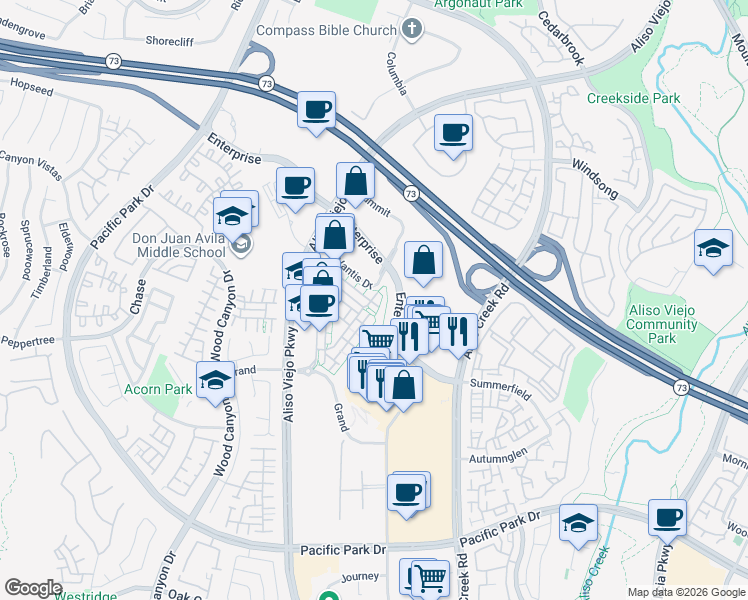 map of restaurants, bars, coffee shops, grocery stores, and more near 24 Colonial Way in Aliso Viejo