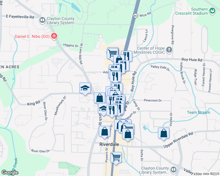 map of restaurants, bars, coffee shops, grocery stores, and more near 6455 Georgia 85 in Riverdale