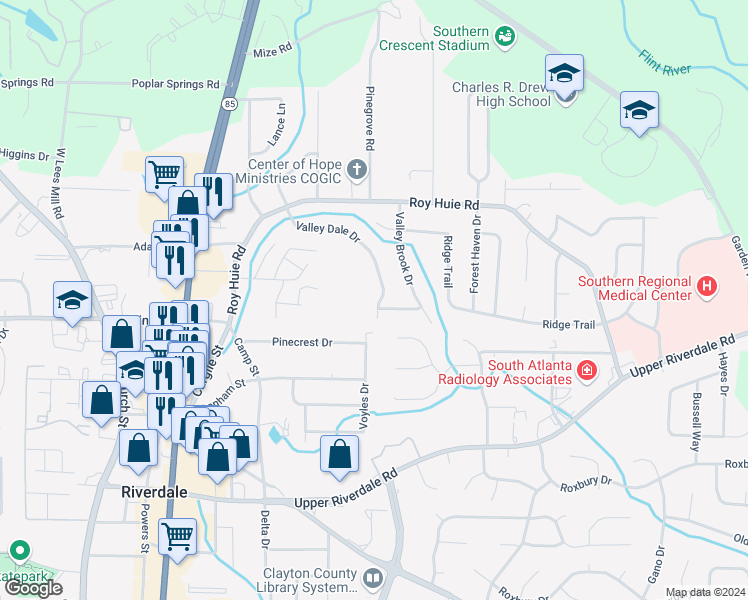 map of restaurants, bars, coffee shops, grocery stores, and more near 6427 Valley Dale Drive in Riverdale