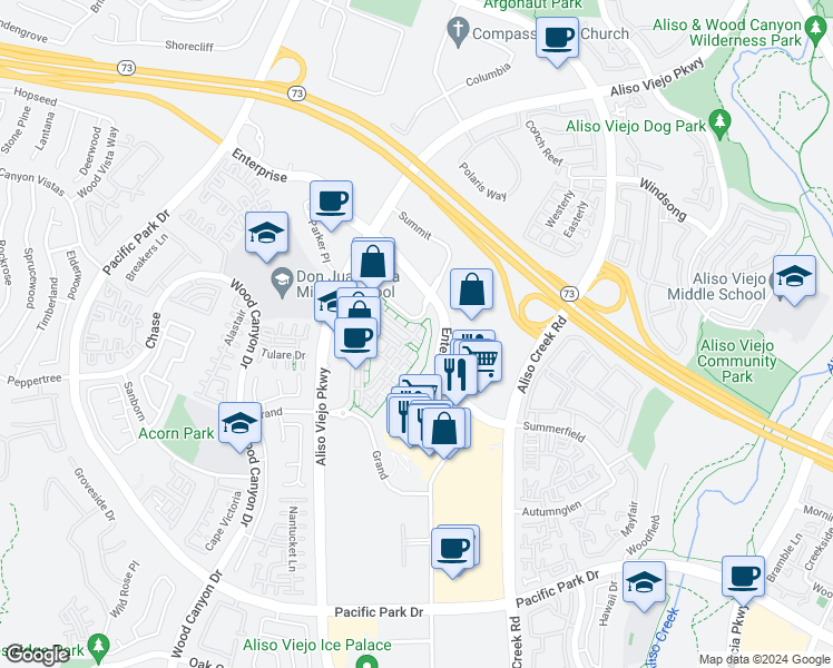 map of restaurants, bars, coffee shops, grocery stores, and more near 24 Colonial Way in Aliso Viejo