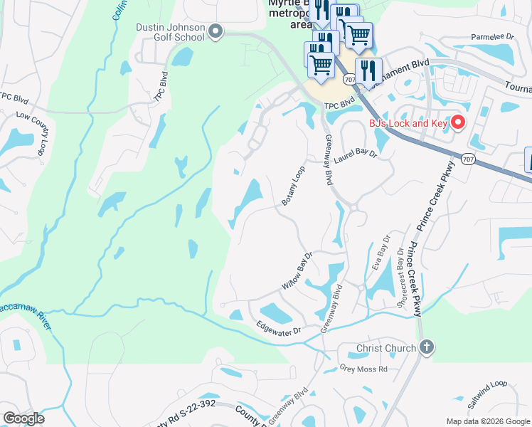 map of restaurants, bars, coffee shops, grocery stores, and more near 491 Misty Hammock Drive in Murrells Inlet
