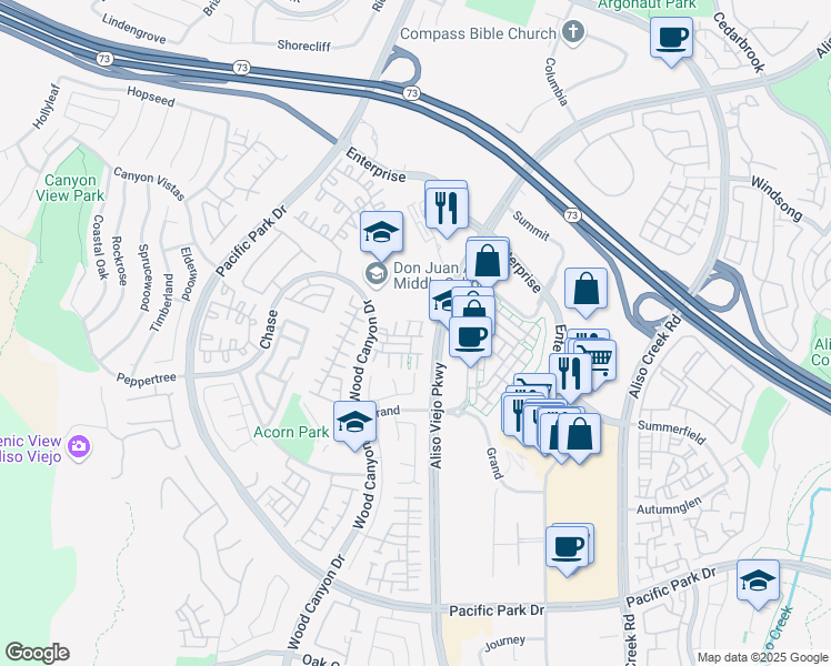 map of restaurants, bars, coffee shops, grocery stores, and more near 2 Benchmark Lane in Aliso Viejo