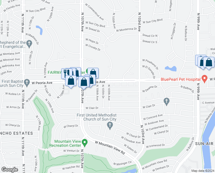 map of restaurants, bars, coffee shops, grocery stores, and more near 10438 North 105th Avenue in Sun City