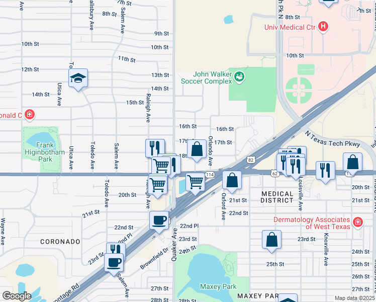 map of restaurants, bars, coffee shops, grocery stores, and more near 4304 18th Street in Lubbock