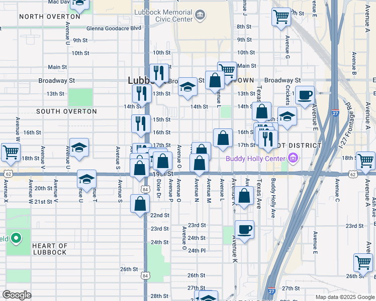 map of restaurants, bars, coffee shops, grocery stores, and more near 1718 Avenue North in Lubbock