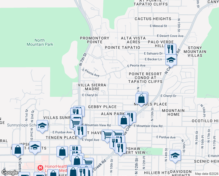 map of restaurants, bars, coffee shops, grocery stores, and more near 906 East Cheryl Drive in Phoenix