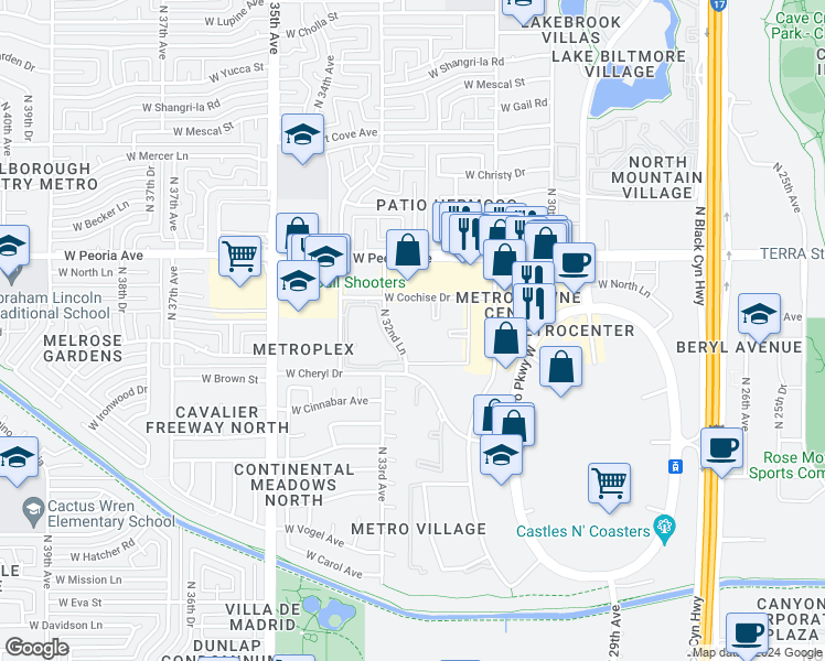 map of restaurants, bars, coffee shops, grocery stores, and more near 3119 West Cochise Drive in Phoenix