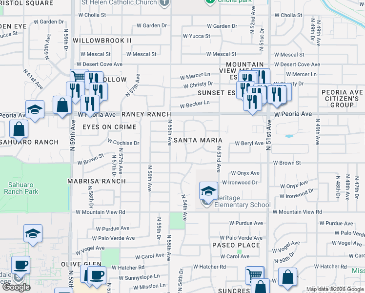 map of restaurants, bars, coffee shops, grocery stores, and more near 10222 North 54th Drive in Glendale