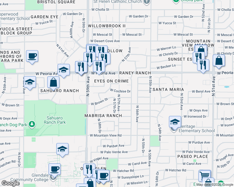 map of restaurants, bars, coffee shops, grocery stores, and more near 10327 North 57th Drive in Glendale
