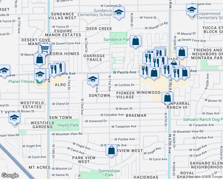 map of restaurants, bars, coffee shops, grocery stores, and more near 7111 West Comet Avenue in Peoria