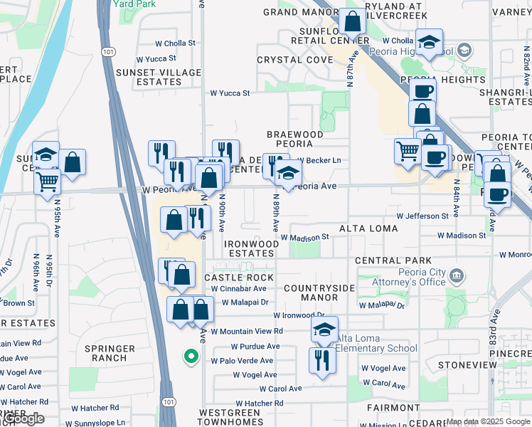 map of restaurants, bars, coffee shops, grocery stores, and more near 10420 North 89th Avenue in Peoria