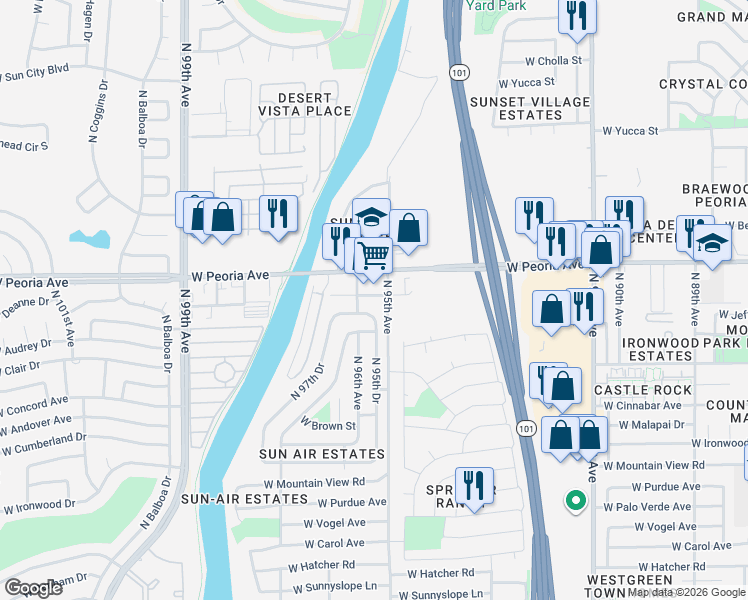 map of restaurants, bars, coffee shops, grocery stores, and more near 10409 North 95th Drive in Peoria