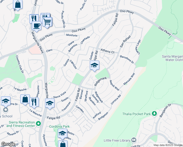 map of restaurants, bars, coffee shops, grocery stores, and more near 26414 Vicente Lugo in Mission Viejo