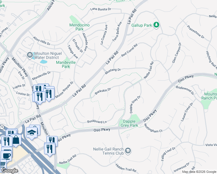 map of restaurants, bars, coffee shops, grocery stores, and more near 25122 Buckskin Drive in Laguna Hills