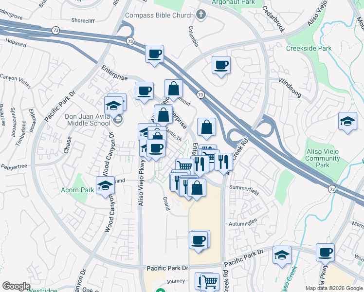 map of restaurants, bars, coffee shops, grocery stores, and more near 71 Brownstone Way in Aliso Viejo