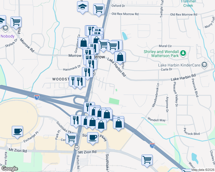 map of restaurants, bars, coffee shops, grocery stores, and more near 6426 Magnolia Way in Morrow