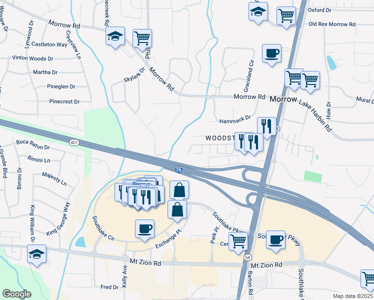 map of restaurants, bars, coffee shops, grocery stores, and more near 6433 Stone Way in Morrow
