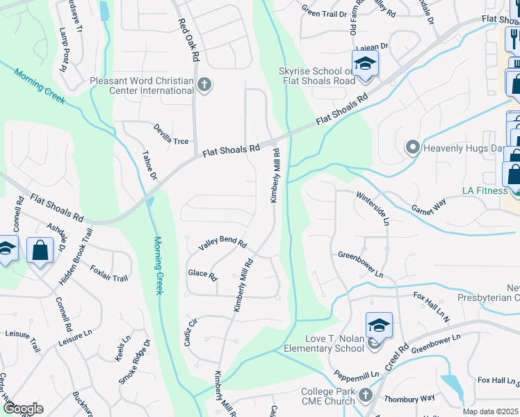 map of restaurants, bars, coffee shops, grocery stores, and more near 6465 Kimberly Mill Road in College Park