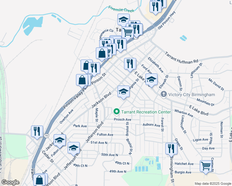 map of restaurants, bars, coffee shops, grocery stores, and more near 1220 Virginia Street in Birmingham
