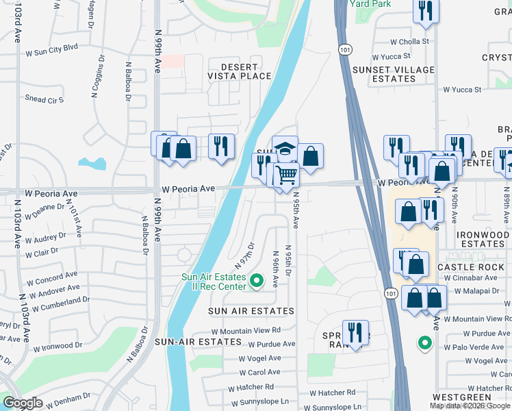 map of restaurants, bars, coffee shops, grocery stores, and more near 10410 North 97th Drive in Peoria