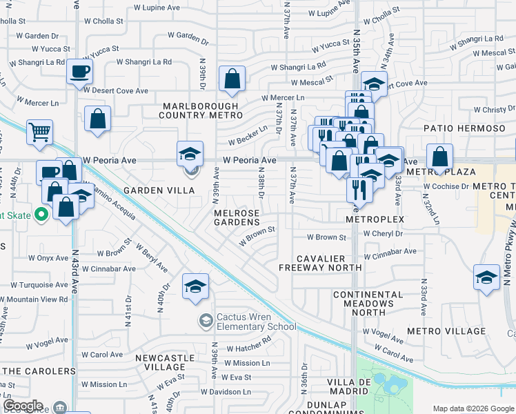 map of restaurants, bars, coffee shops, grocery stores, and more near 3801 West Cheryl Drive in Phoenix